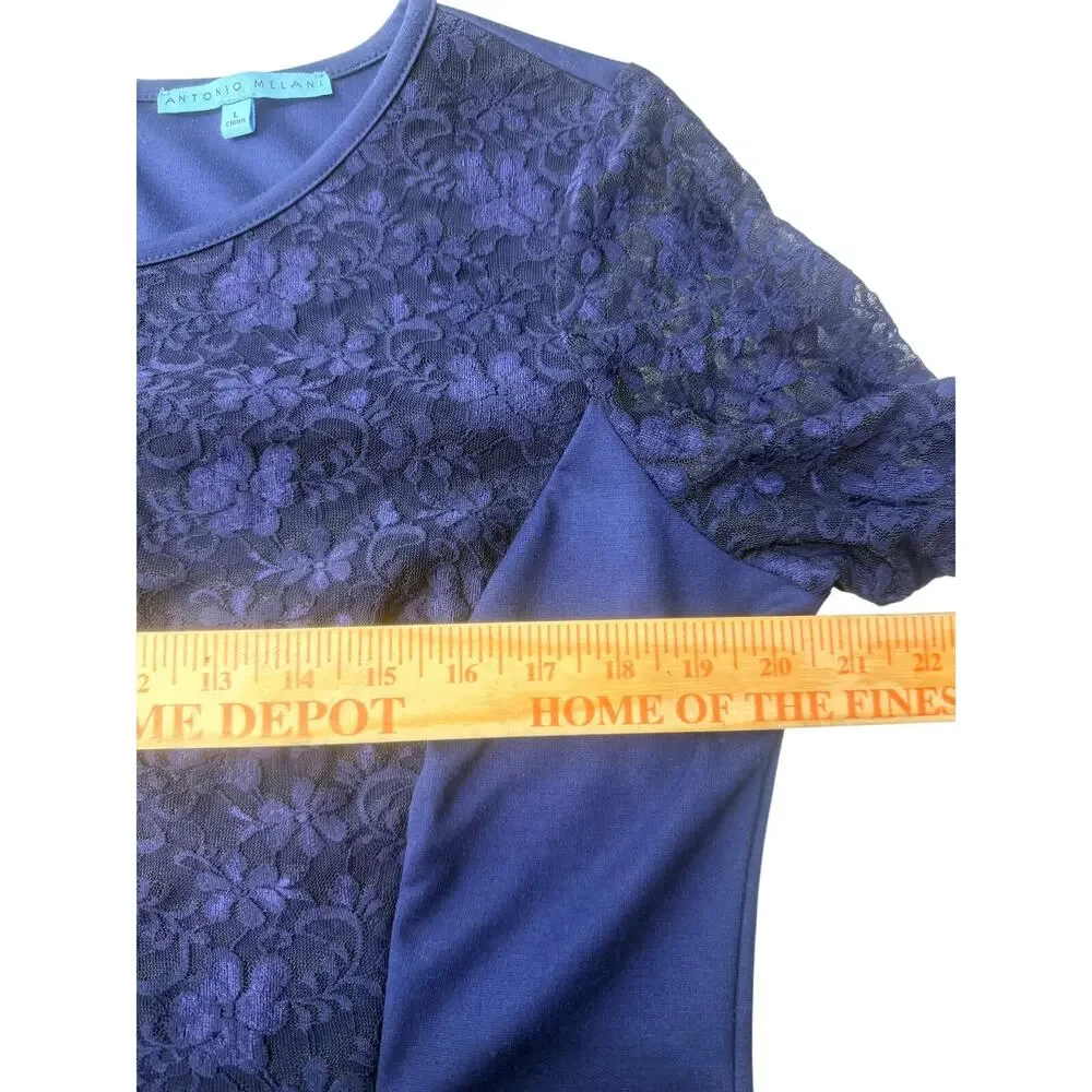 Antonio Melani Lace Dress Women Large Blue Long Sleeve Sheath Knee Length - Picture 5 of 7